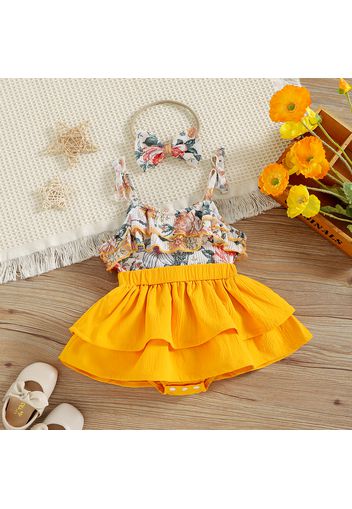 2pcs Baby Girl Floral Print Spaghetti Strap Splicing Solid Layered Ruffle Skirted Romper with Headband Set