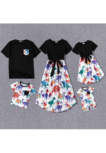 Family Matching Solid Short-sleeve Spliced Allover Dinosaur Print Belted Dresses and T-shirts Sets