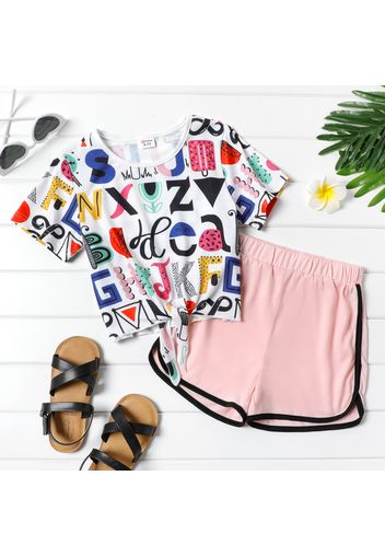 2-piece Kif Girl Letter Print Tie Knot Tee and Elasticized Pink Pretty Dolphin Shorts Set