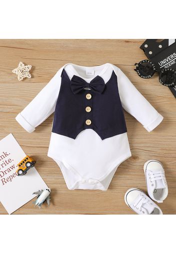 100% Cotton Baby Boy Gentleman Bow Tie Waistcoat Faux-two Long-sleeve Romper