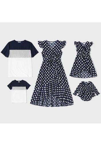 Family Matching Polka Dots Blue V Neck Flutter-sleeve Tulip Hem Dresses and Colorblock Short-sleeve T-shirts Sets