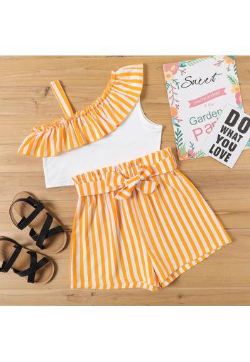 2-piece Kid Girl Stripe Flounce Sleeveless Strap Tee and Belted Paperbag Shorts Set