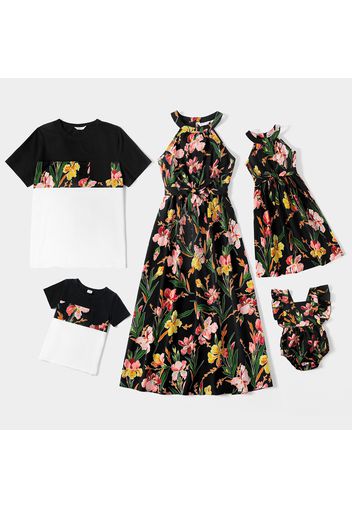 Family Matching All Over Floral Print Black Halter Neck Off Shoulder Dresses and Short-sleeve Splicing T-shirts Sets