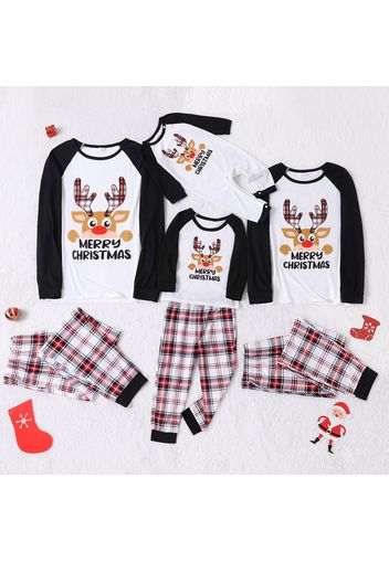 Christmas Cartoon Deer and Letter Family Matching Raglan Long-sleeve Plaid Pajamas Sets (Flame Resistant)