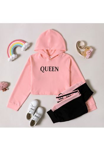 2-piece Kid Girl Letter Print Hoodie Sweatshirt and Colorblock Pants Set