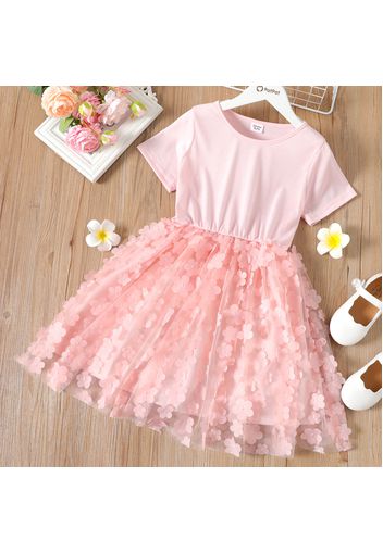 Kid Girl 3D Floral Decor Mesh Splice Solid Color Short-sleeve Dress