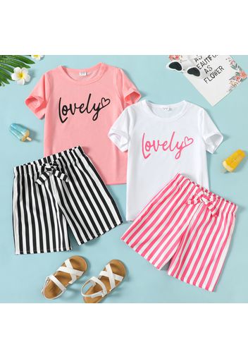 2-piece Kid Girl Letter Heart Print Short-sleeve Tee and Bowknot Decor Stripe Shorts Set