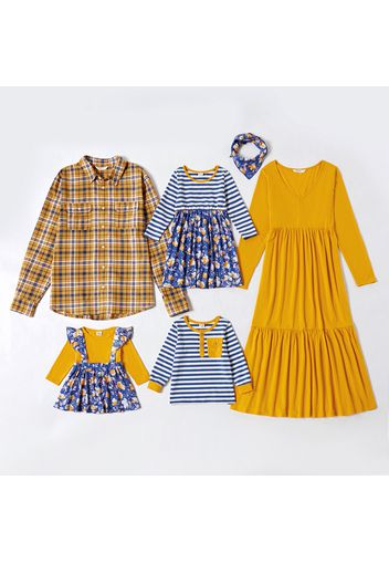 Mosaic Family Matching Sets in Autumn(V-neck Solid Dresses - Plaid Shirts - Long Sleeve T-shirts)