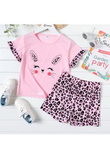 2-piece Kid Girl Rabbit Print Ruffled Pink Tee and Leopard Print Shorts Set