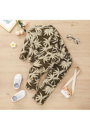 2-piece Toddler Boy Leaf Print Button Design Henley Shirt and Pants Set