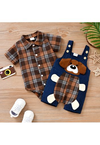 100% Cotton 2pcs Baby Boy Plaid Short-sleeve Romper and Cartoon Dog 3D Ears Overall Shorts Set