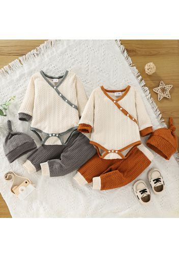 3-piece Baby Girl/Boy Surplice Neck Colorblock Long-sleeve Romper, Pants and Knotted Cap Set