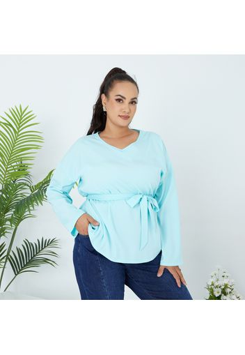 Women Plus Size Elegant V Neck Long-sleeve Belted Mint Green Blouse