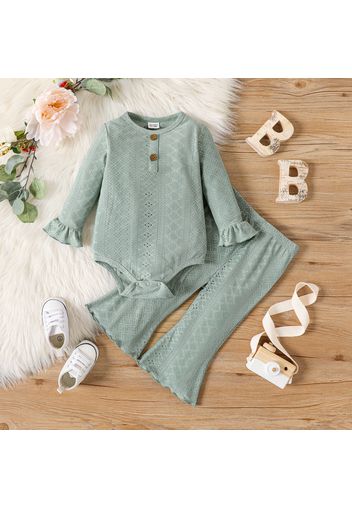 2pcs Baby Girl Solid Eyelet Embroidered Long-sleeve Romper and Flared Pants Set