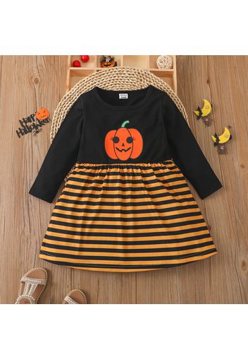 Toddler Girl Halloween Pumpkin Print Stripe Splice Long-sleeve Dress