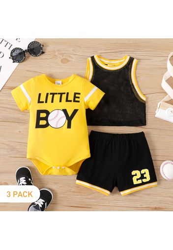 3pcs Baby Boy Cotton Short-sleeve Baseball Letter Print Romper and Tank Top with Shorts Set