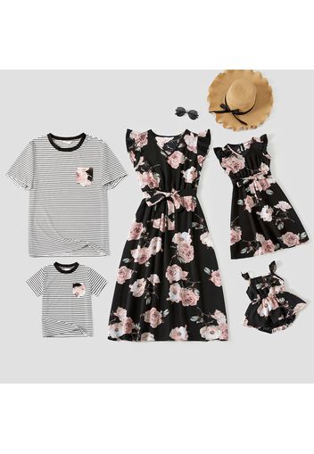 Floral Print Black Family Matching Sets(Ruffle Sleeve Dresses for Mom and Girl;Striped Short Sleeve T-shirts for Dad and Boy)