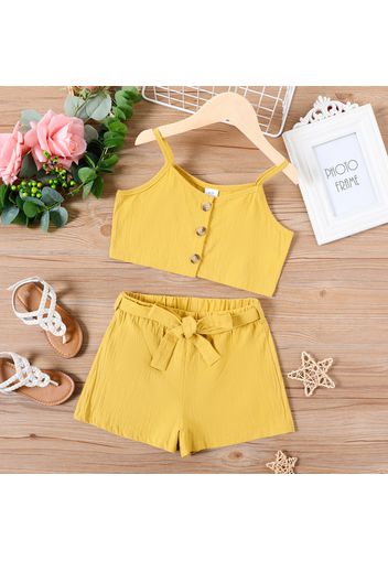 2-piece Kid Girl 100% Cotton Solid Color Button Design Camisole and Belted Shorts Set