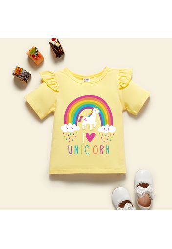 Toddler Girl Graphic Unicorn and Rainbow and Heart Print Ruffled Short-sleeve Tee