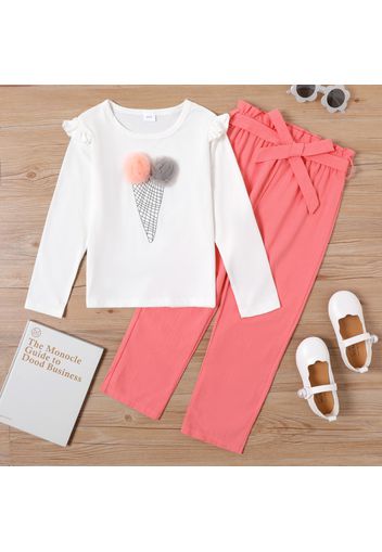 2-piece Kid Girl 3D Floral Design Geo Pattern Ruffled Long-sleeve White Tee and Belted Paperbag Pink Pants Set