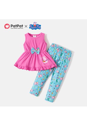 Peppa Pig 2pcs Toddler Girl Bowknot Design Ruffled Sleeveless Cotton Pink Tee and Allover Print Leggings Set