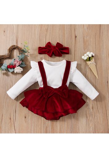 3pcs Baby Girl Solid Ribbed Long-sleeve Top and Velvet Suspender Skort Set