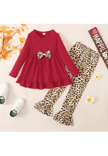 2-piece Kid Girl Bowknot Design Ruffled Hem Long-sleeve Red Top and Leopard Print Flared Pants Set