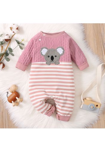 Baby Girl Koala Pattern Pink Long-sleeve Splicing Striped Jumpsuit