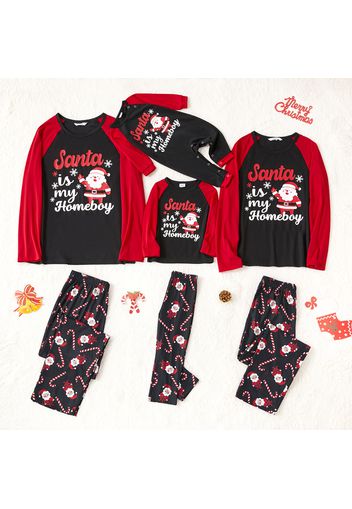 Christmas Santa and Letter Print Black Family Matching Long-sleeve Pajamas Sets (Flame Resistant)