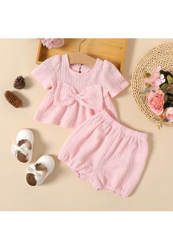 2pcs Baby Girl Pink Bow Front Textured Short-sleeve Top and Shorts Set