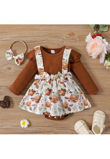 Ribbed 2pcs Floral Print Faux-two Design Long-sleeve Pink Baby Romper