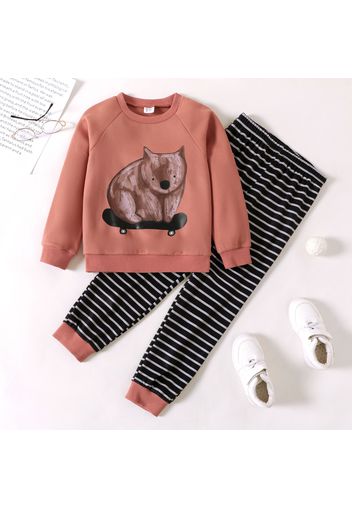 2-piece Kid Girl Animal Koala Print Fleece Lined Raglan Sleeve Sweatshirt and Stripe Pants Set