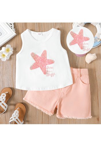 2pcs Kid Girl Sequin Starfish Pattern Tank Top and Pink Design Shorts Set