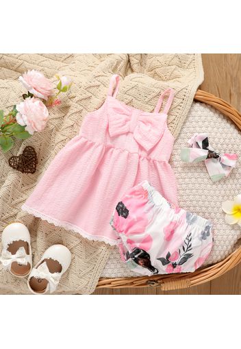 3pcs Baby Girl Pink Spaghetti Strap Bowknot Dress and Floral Print Shorts with Headband Set