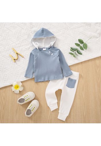 2pcs Baby Boy/Girl Solid Ribbed Long-sleeve Hooded Top and Trousers Set