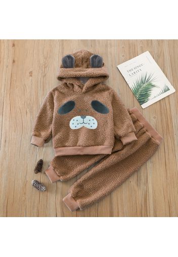 2-piece Toddler Boy Dog Embroidered Ear Design Fuzzy Teddy Hoodie Sweatshirt and Pants Set