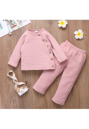 2-piece Toddler Girl Button Design Textured Solid Color Sweatshirt and Pants Set