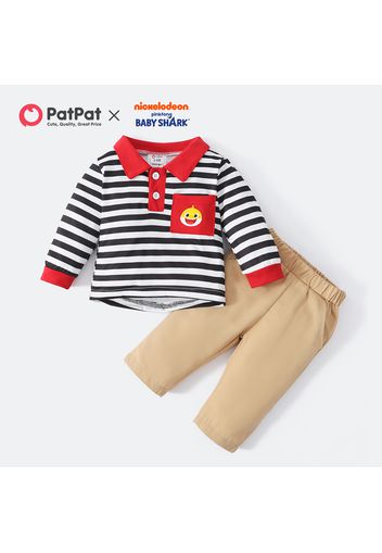 Baby Shark 2pcs Baby Boy Contrast Collar Striped Long-sleeve Top and 100% Cotton Straight Leg Pants Set