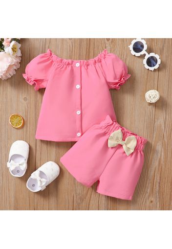 2pcs Baby Girl Button Design Short Puff-sleeve Top and Bowknot Shorts Set