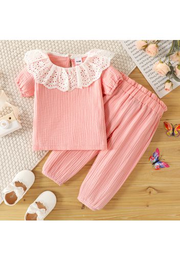 2-piece Toddler Girl 100% Cotton Schiffy Flounce Design Short-sleeve Pink Top and Paperbag Pants Set