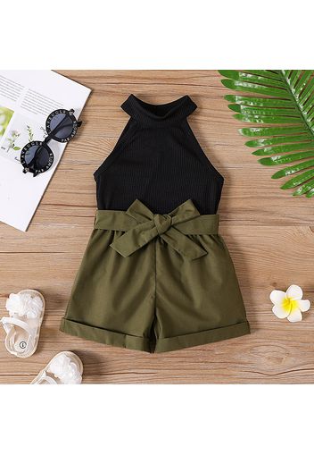 2pcs Baby Girl Keyhole Back Halter Top and Roll Up Hem Shorts Set