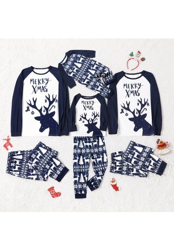 Christmas Reindeer and Letter Print Dark Blue Family Matching Raglan Long-sleeve Pajamas Sets (Flame Resistant)