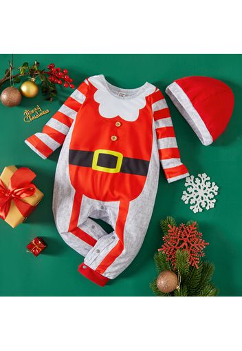 Christmas 2pcs Baby Girl Red Striped Long-sleeve Jumpsuit Santa Outfits Set