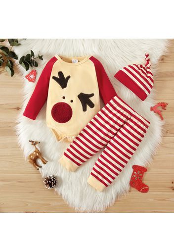 Christmas 3pcs Deer Pattern Cotton Long-sleeve Baby Romper and Striped Pants Set