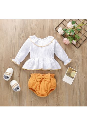 Crepe 2pcs Color Block Flounce and Bow Decor Long-sleeve Baby Set