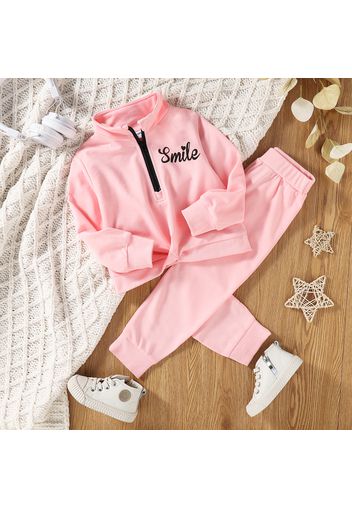 2-piece Toddler Girl Letter Print Stand Collar Zipper Sweatshirt and Elasticized Solid Pants Set