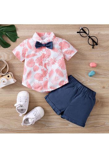 2pcs Baby Boy Allover Pink Leaf Print Short-sleeve Bow Tie Shirt and Solid Shorts Set