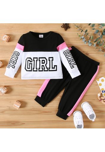 2pcs Baby Girl Letter Print Color Block Long-sleeve Sweatshirt and Trousers Set