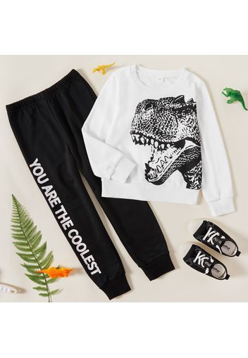 2-piece Kid Boy Animal Dinosaur Print Pullover Sweatshirt and Letter Print Pants Set