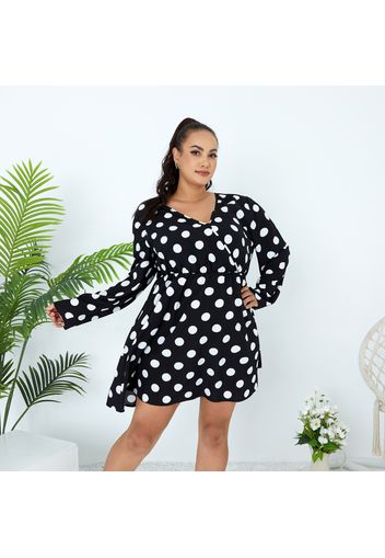 Women Plus Size Elegant Polka dots Surplice Neck Long-sleeve Short Dress